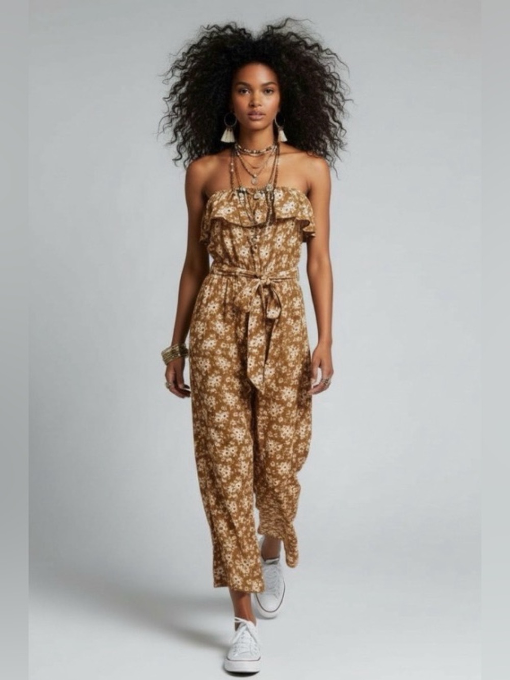 LOFT Strapless Ruffle Floral Wide Leg Cropped Jumpsuit